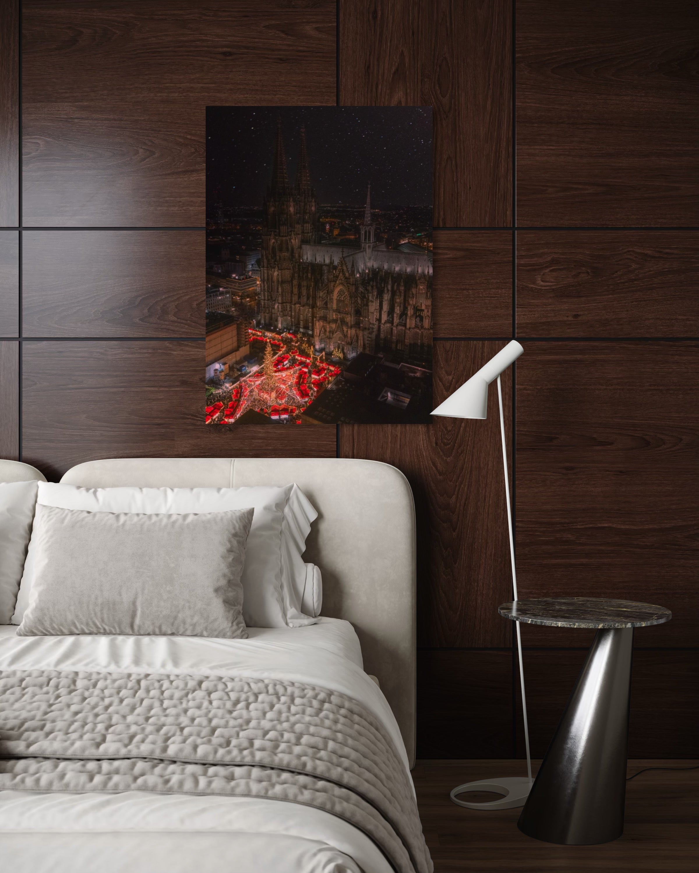 Modern bedroom with wooden wall, bed, and floor lamp.