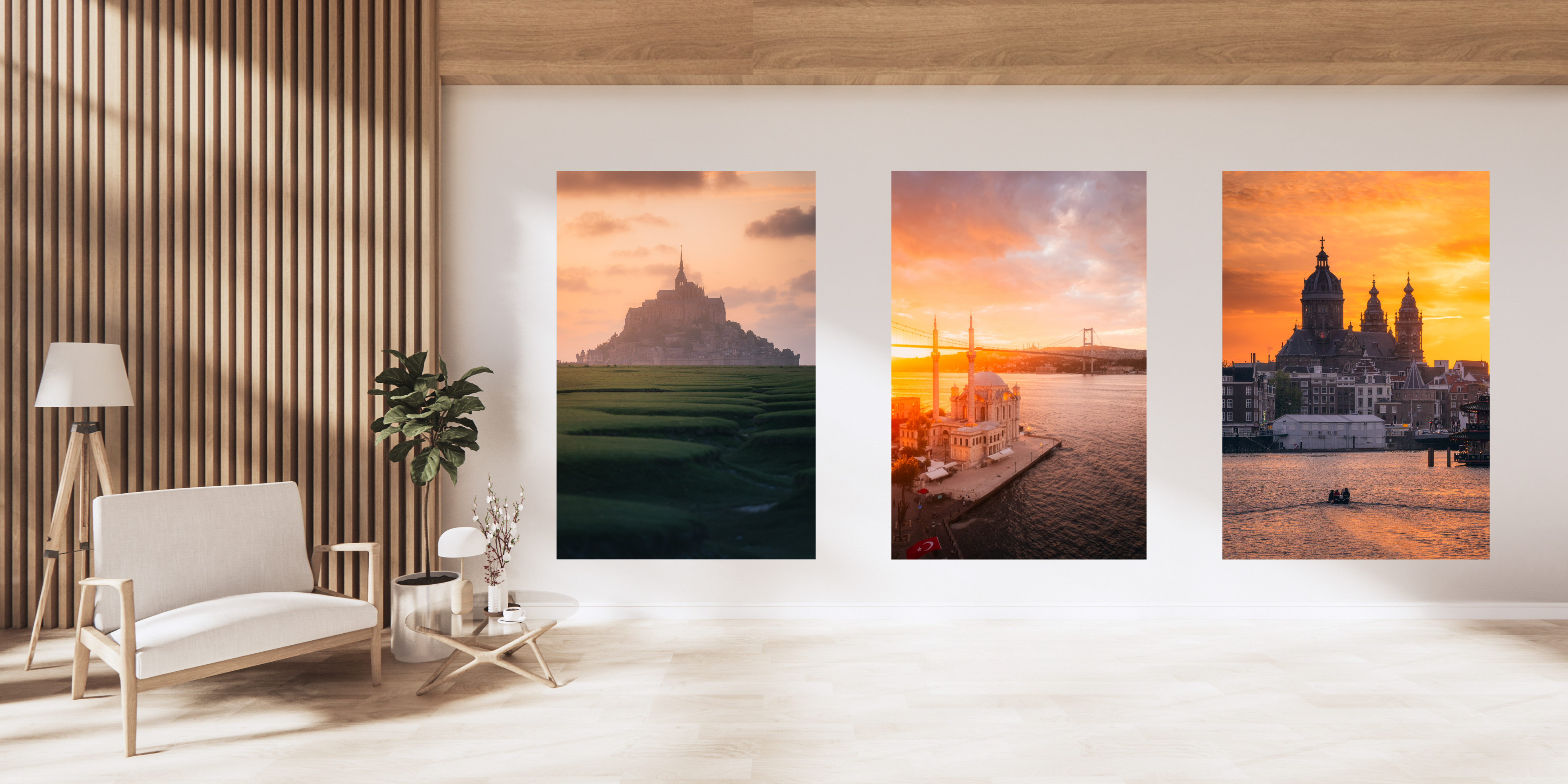 Etem Visuals homepage banner - modern living room with three fine art photography prints on wall featuring landscape and cityscape photography