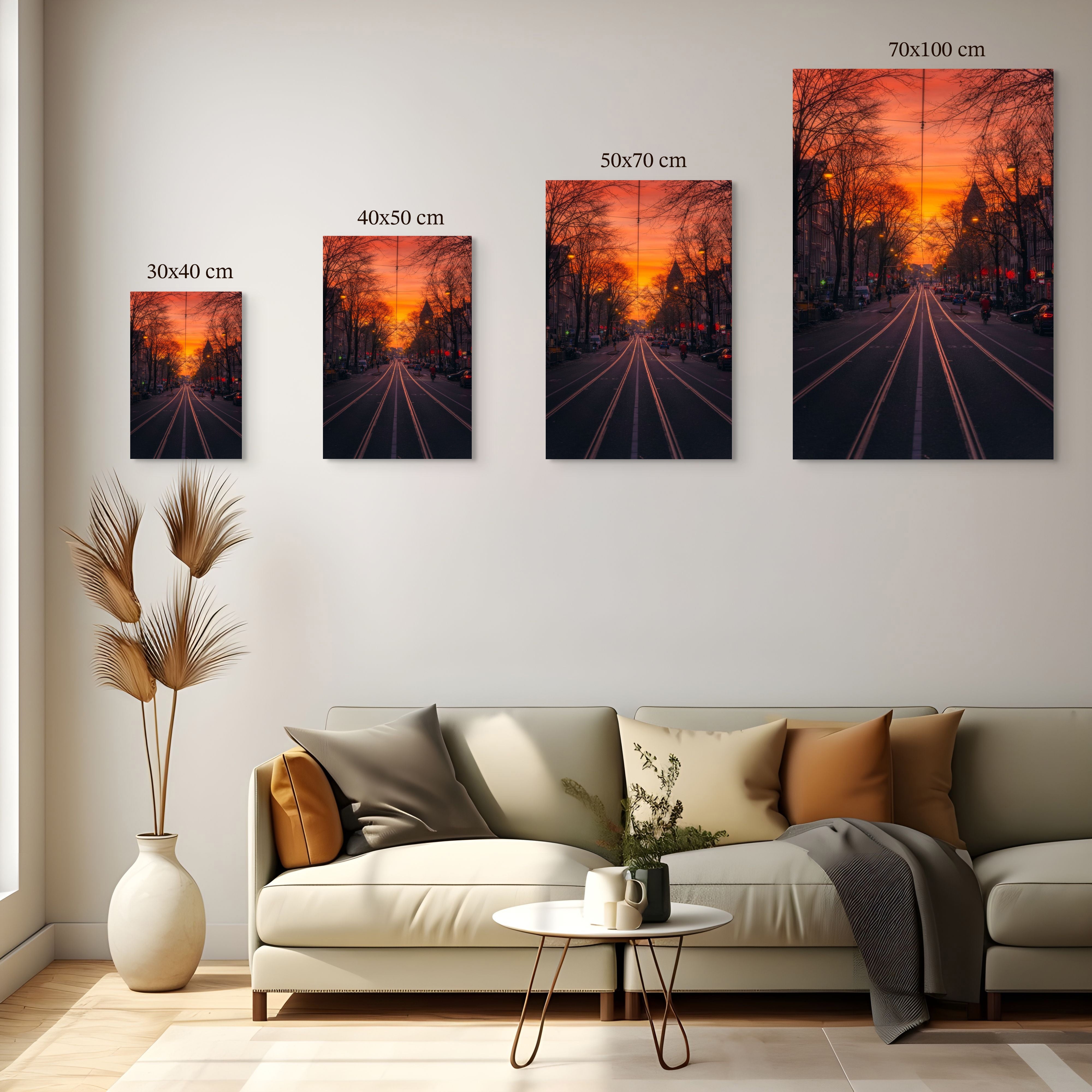 Size guide showing available print sizes: 30x40, 40x50, 50x70, and 70x100 cm in vertical format