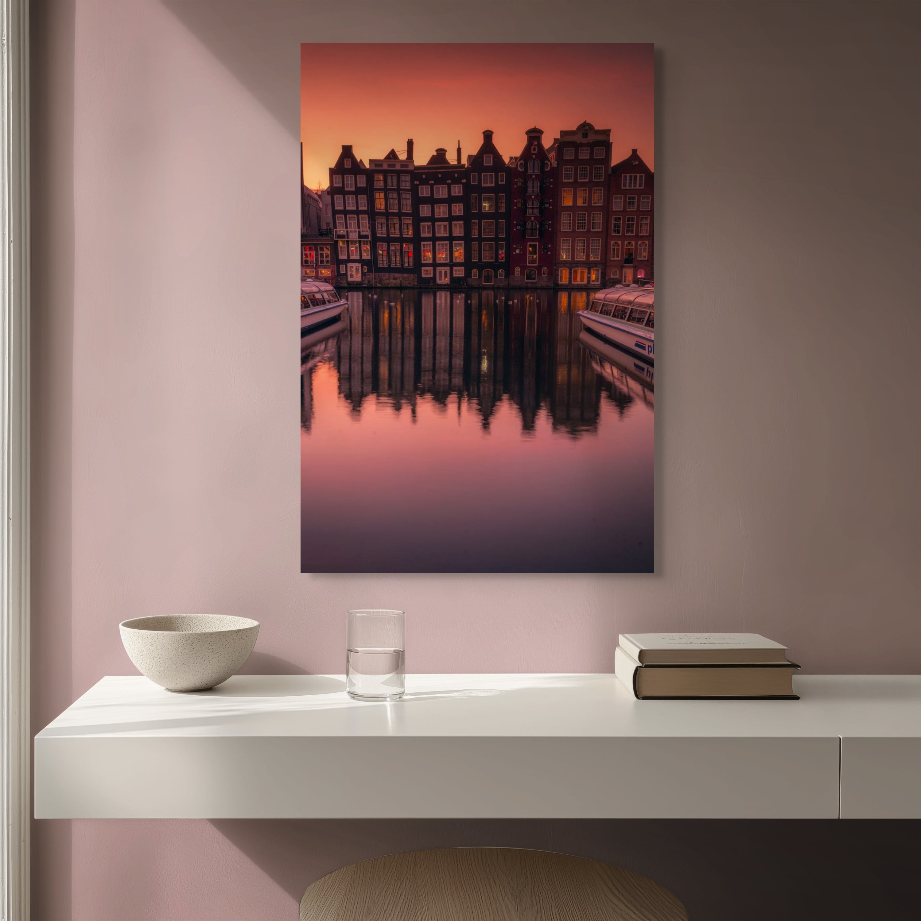 Golden Sunrise in Damrak Amsterdam acrylic glass print above console table - sunrise canal houses wall art by Etem Uyar