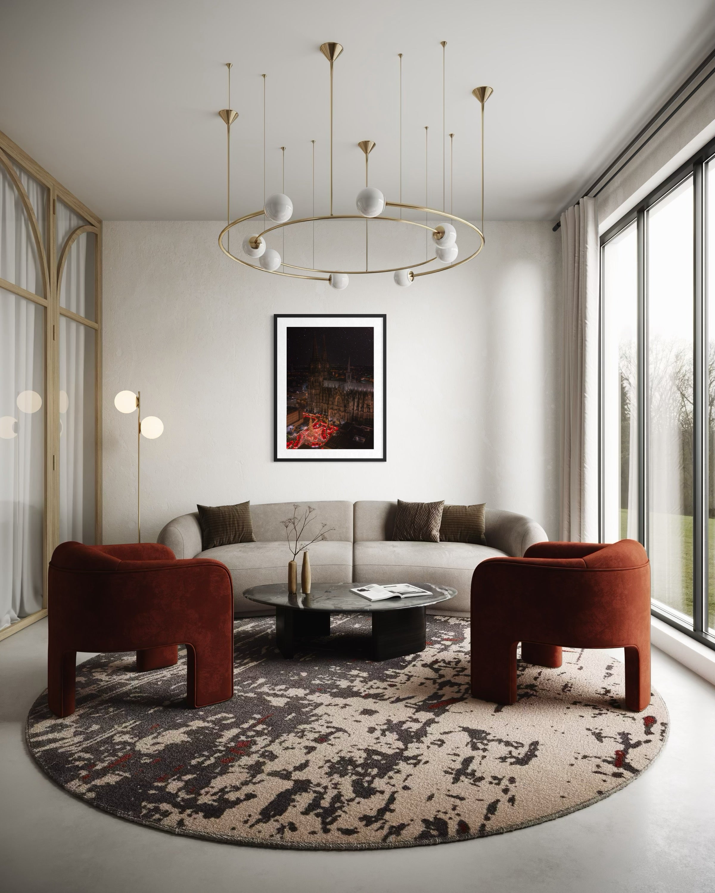 Modern living room with a round rug, brown armchairs, and a gray sofa and Cologne Christmas Market artwork on the wall.