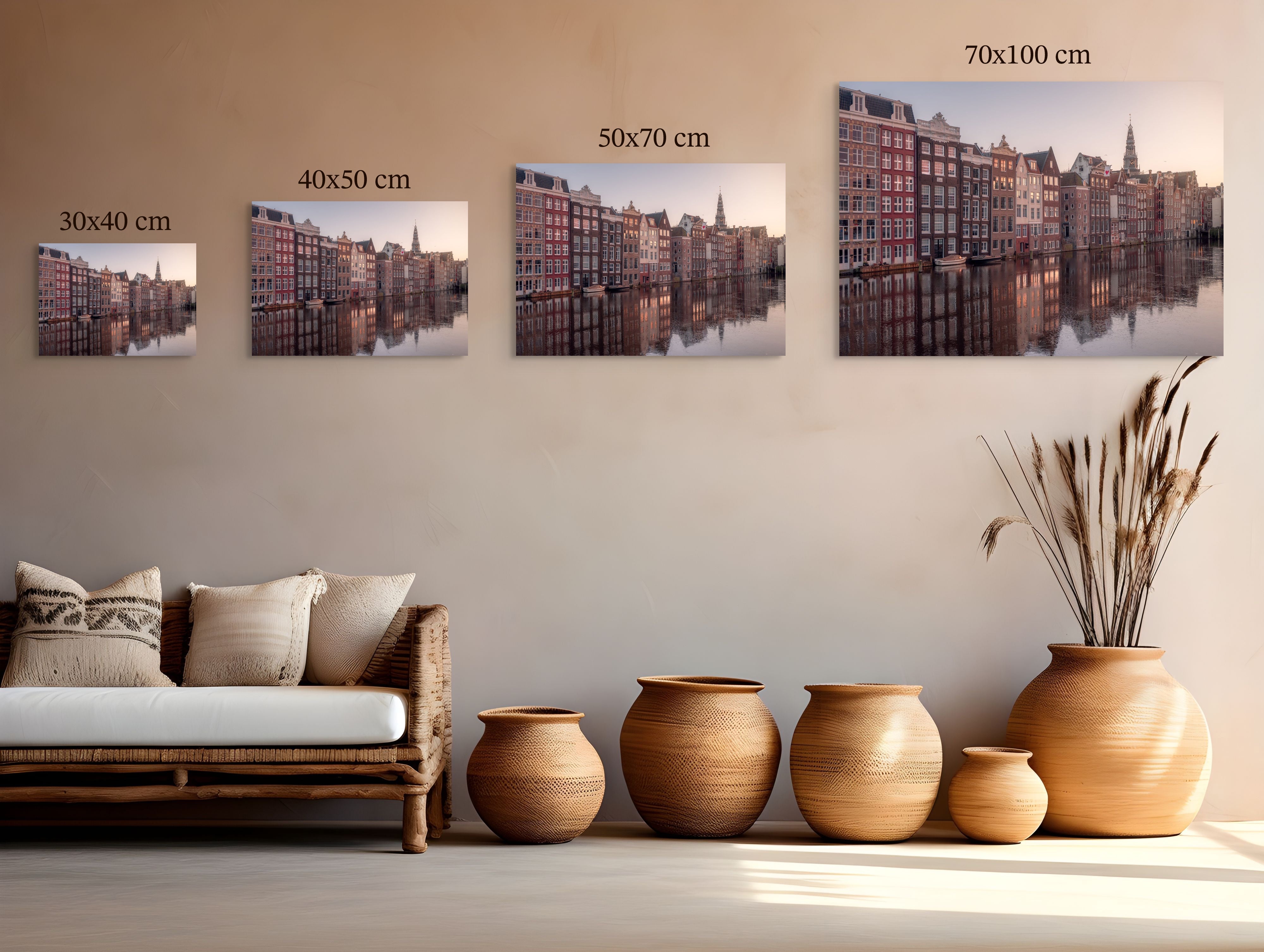Size guide showing available print sizes: 40x30, 50x40, 70x50, and 100x70 cm in horizontal format