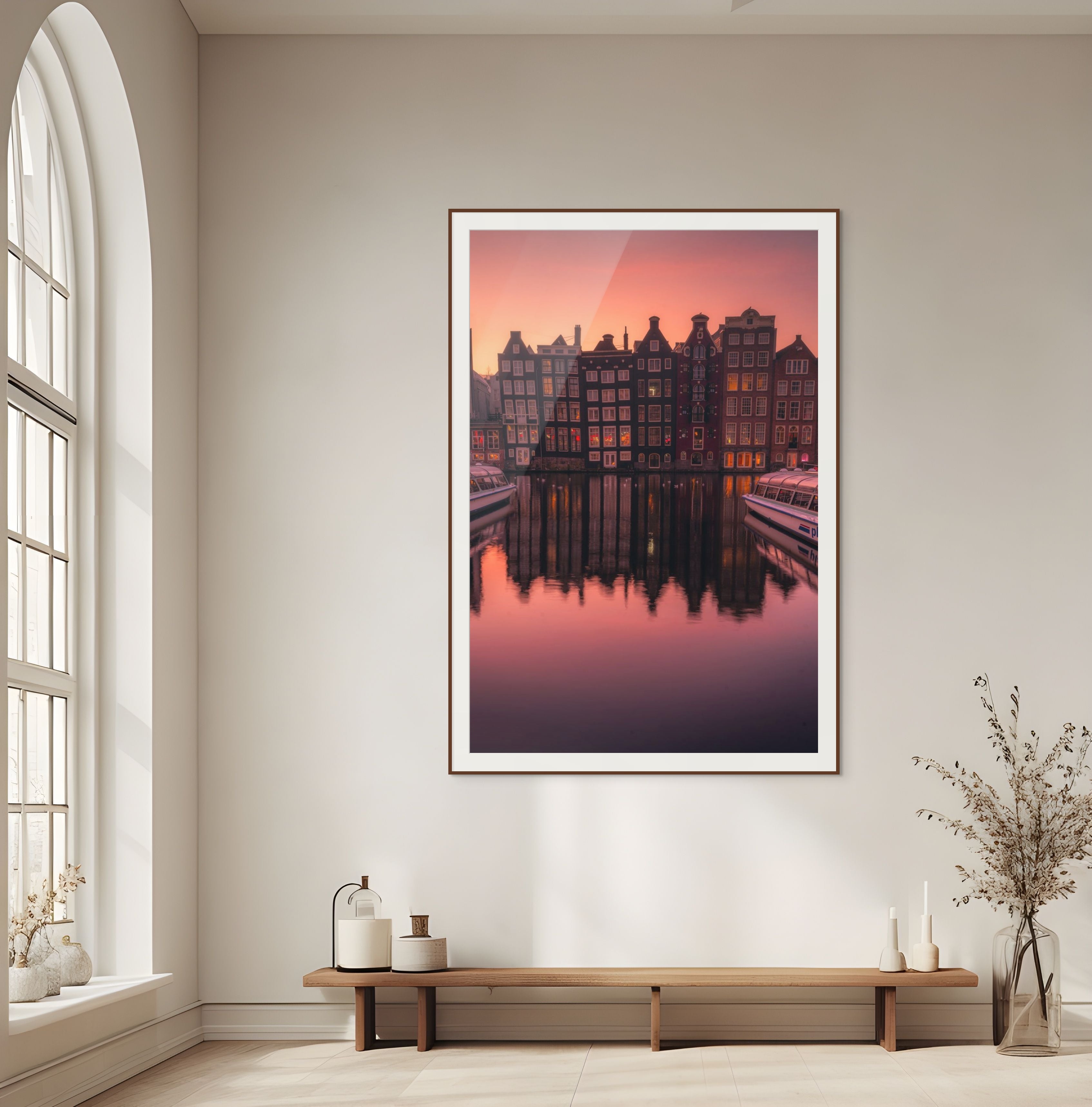 Golden Sunrise in Damrak Amsterdam framed print in bright interior - canal houses reflection wall art by Etem Uyar