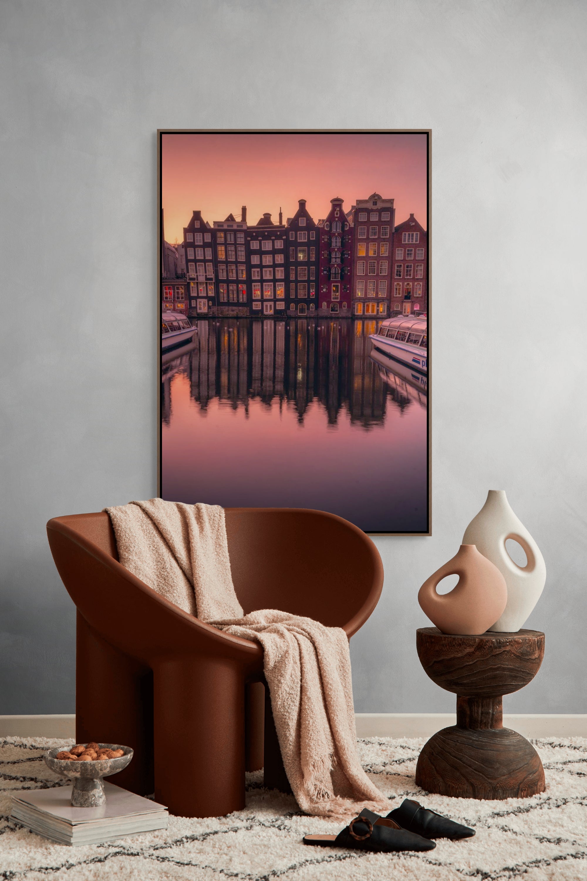 Golden Sunrise in Damrak Amsterdam print in modern living room - Amsterdam canal houses sunrise photography by Etem Uyar