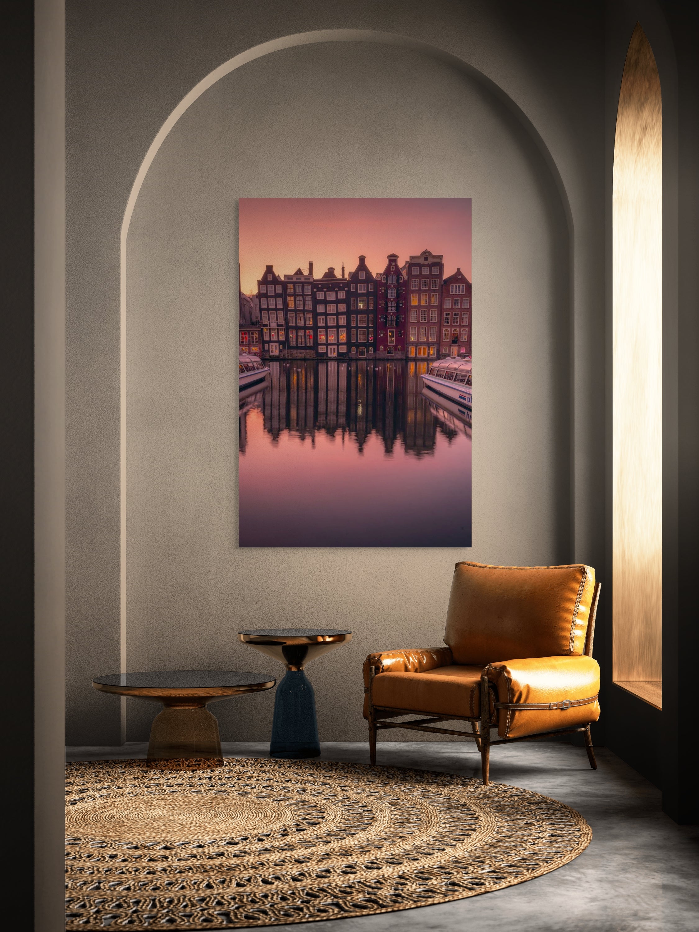 Golden Sunrise in Damrak Amsterdam wall art in stylish interior - Damrak canal houses at sunrise premium print by Etem Uyar