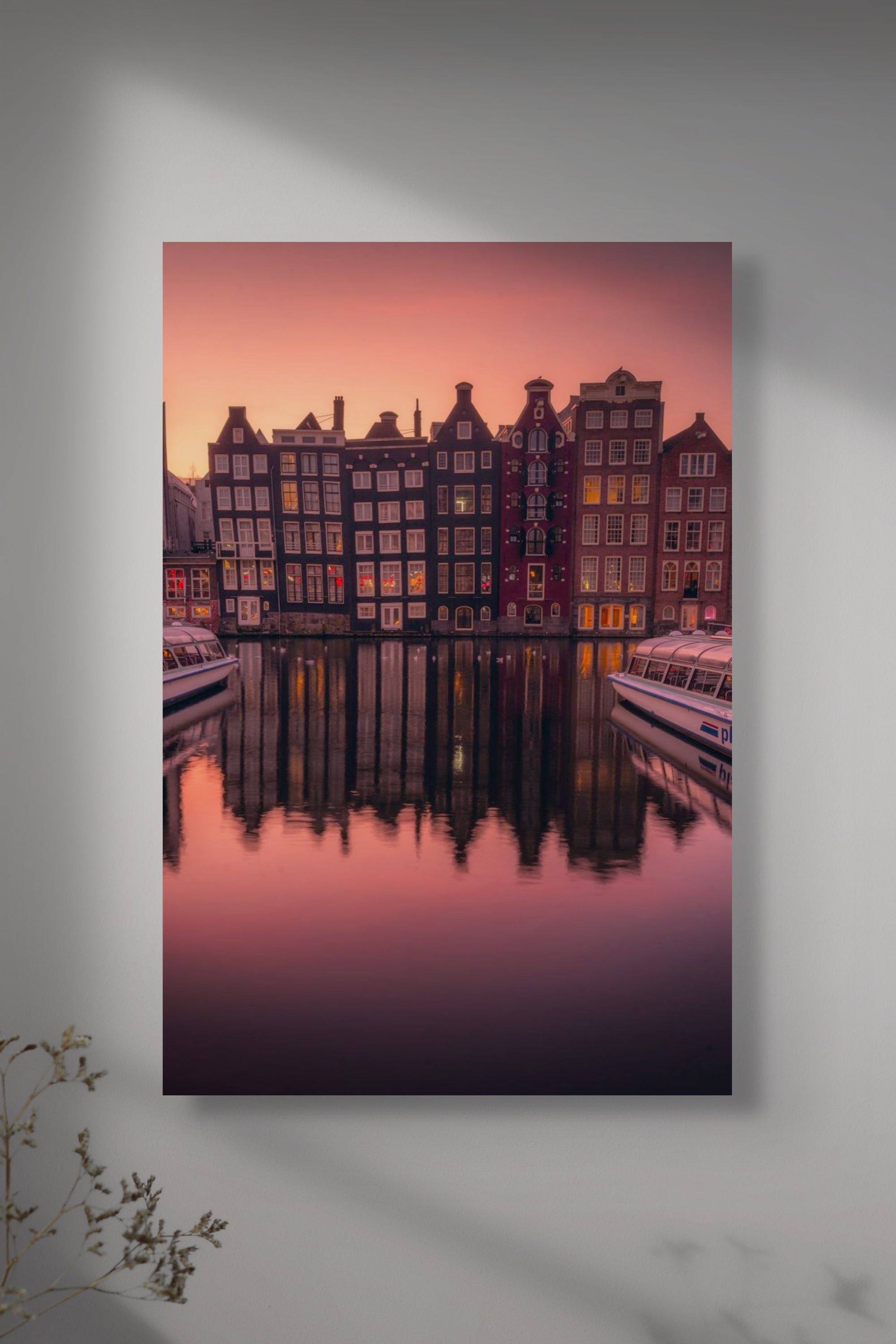 Golden Sunrise in Damrak Amsterdam wall art - canal houses reflecting in water at sunrise, fine art print by Etem Uyar